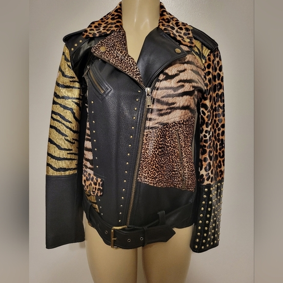 Michael Kors Leather Belt Jacket Chettah Animal Print Fur Studded Biker Jacket - Picture 1 of 16